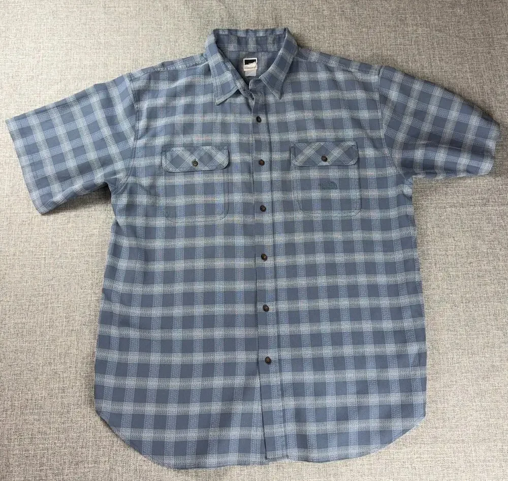 The North Face Mens Plaid Short Sleeve Button Shirt Blue Hiking Outdoor Workwear